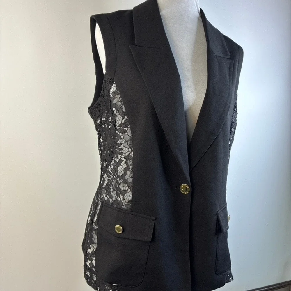 Nine West Womens Black Lace Back Sleeveless Blazer Vest Gold Button Size Large - Picture 12 of 16